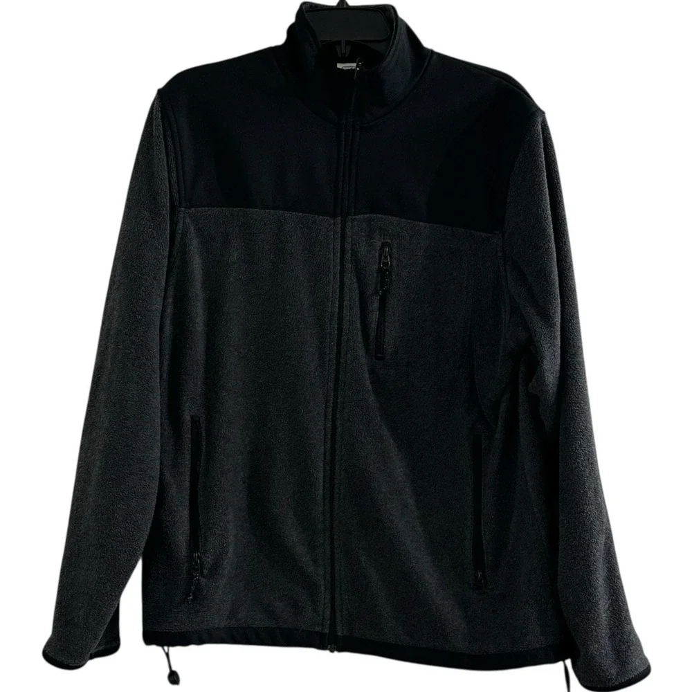 Old‎ Navy Men's L Charcoal Full Zip Fleece Jacket Black Trim Pockets